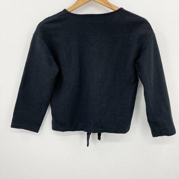 Madewell Texture and Thread Tie Front Long Sleeve Top Black V Neck - Picture 4 of 6